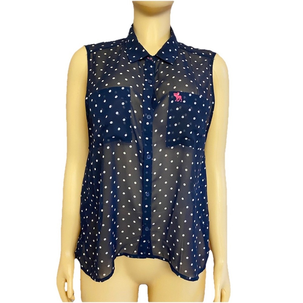 Abercrombie & Fitch Sheer Sleeveless Top Blouse Navy Blue White Polka Dots Large